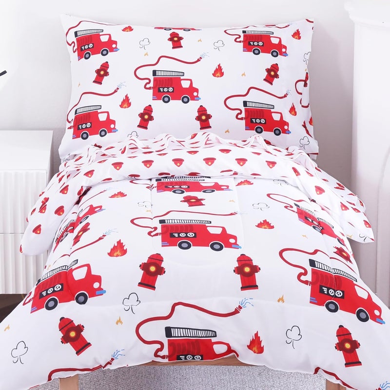 Viviland Fire Truck Toddler Comforter Sets, Cute Boys Girls Toddler Bedding Set, Soft Microfiber Fire Engine Toddler Bed Set - Image 1